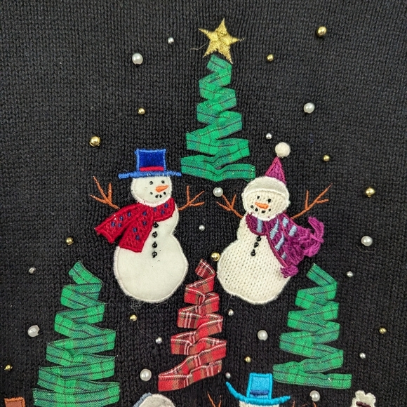 Vintage 90s Ugly Christmas Snowman Tree Ribbon Holiday Sweater - Picture 11 of 13